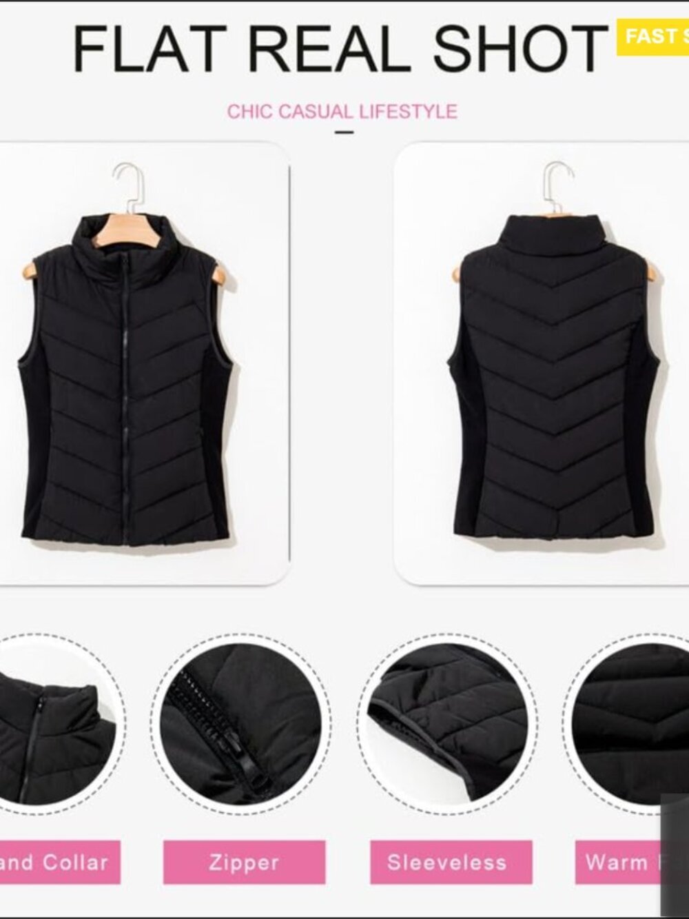 Sleeveless Puffer Vest Quilted Stand Collar Zip Up Winter Outerwear Chic - Picture 4 of 7